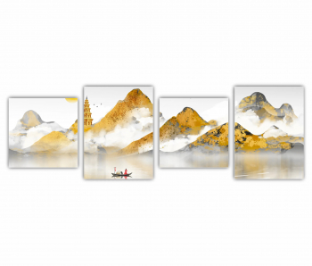 Set 4 Tablouri Multicanvas Pictura de peisaj auriu in stil chinezesc 0627 240X80 cm 