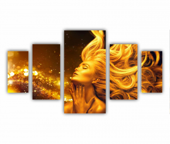 Set 5 Tablouri Multicanvas Femeie in culori auriu care sufla sclipici 0847 200X120 cm 