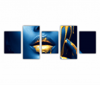 Set 5 Tablouri Multicanvas GOLD FASHION negru albastru auriu Femei cu Machiaj Auriu 17 0562 150X60 cm 
