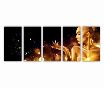 Set 5 Tablouri Multicanvas GOLD FASHION - negru auriu - Craciun Fericit - Femei cu Machiaj Auriu 18 0563 200X80 cm 