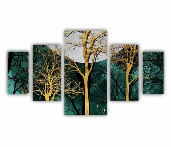 Set 5 Tablouri Multicanvas Ilustratie 3D a padurii seara cu cerb auriu 0706 200X120 cm 