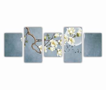Set 5 Tablouri Multicanvas Ilustratie 3D de flori - luna - stol de pasari si munti 0687 150X60 cm