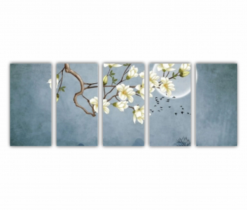 Set 5 Tablouri Multicanvas Ilustratie 3D de flori - luna - stol de pasari si munti 0687 200X80 cm 