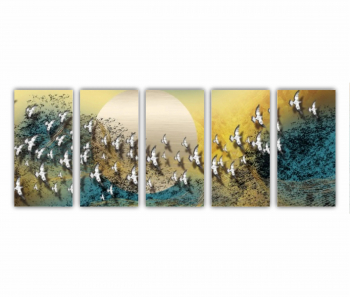 Set 5 Tablouri Multicanvas Pasari care zboara peste luna - arta abstracta 0775 200X80 cm 