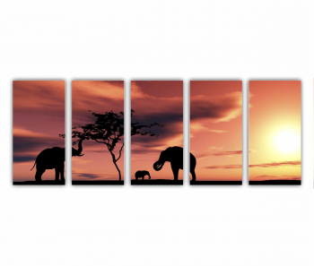 Set 5 Tablouri Multicanvas Siluete de elefant negru langa un rau 0653 200X80 cm