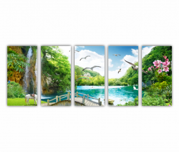 Set 5 Tablouri Multicanvas vedere tropicala cu cascada - lac - pasare - cal alb si pod de lemn 0676 200X80 cm 
