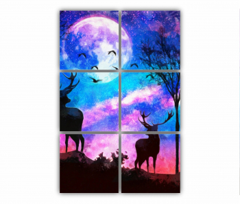 Set 6 Tablouri Multicanvas Cerbii intr-o padure de noapte cu fundal cetoscu luna 0794 80X120 cm 