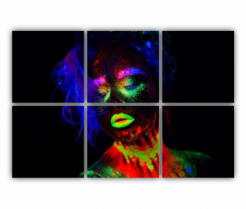 Set 6 Tablouri Multicanvas Femeie frumoasa par albastru si buze verzi in lumina neonului 2 0590 120X80 cm 