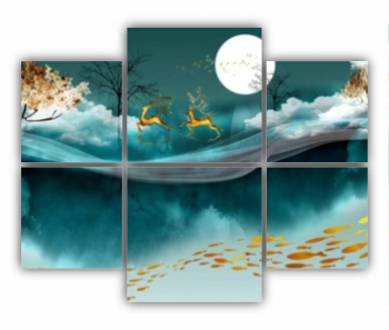 Set 6 Tablouri Multicanvas Ilustratie 3D a caprioarelor care se plimba prin padure 0711 100X80 cm 