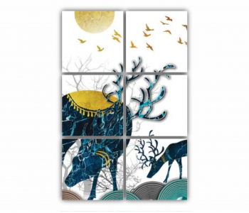 Set 6 Tablouri Multicanvas Ilustratie 3D a cerbului verde pe munte si copaci uscati 0747 80X120 cm 