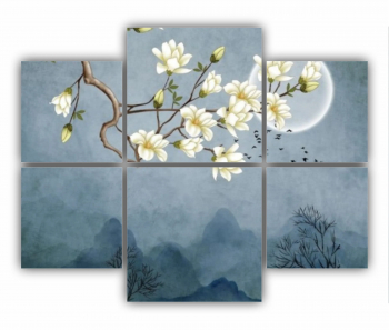 Set 6 Tablouri Multicanvas Ilustratie 3D de flori - luna - stol de pasari si munti 0687 100X80 cm 