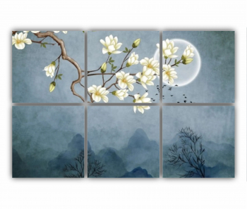 Set 6 Tablouri Multicanvas Ilustratie 3D de flori - luna - stol de pasari si munti 0687 120X80 cm 