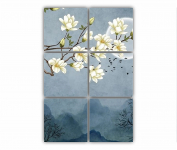 Set 6 Tablouri Multicanvas Ilustratie 3D de flori - luna - stol de pasari si munti 0687 80X120 cm 