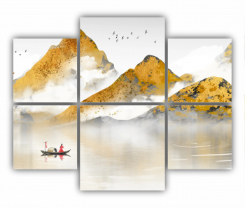 Set 6 Tablouri Multicanvas Pictura de peisaj auriu in stil chinezesc 0627 100X80 cm 