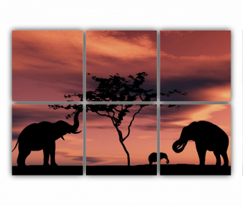 Set 6 Tablouri Multicanvas Siluete de elefant negru langa un rau 0653 120X80 cm 