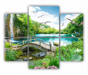 Set 6 Tablouri Multicanvas vedere tropicala cu cascada - lac - pasare - cal alb si pod de lemn 0676 100X80 cm 