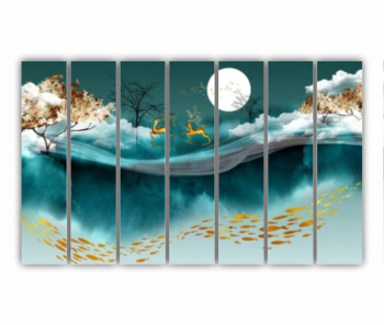 Set 7 Tablouri Multicanvas Ilustratie 3D a caprioarelor care se plimba prin padure 0711 210X120 cm 