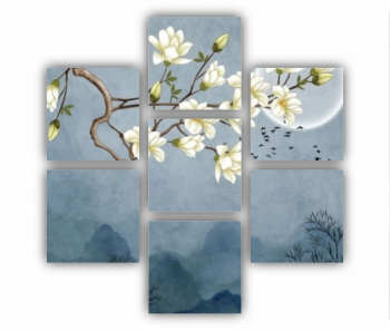 Set 7 Tablouri Multicanvas Ilustratie 3D de flori - luna - stol de pasari si munti 0687 180X180 cm 