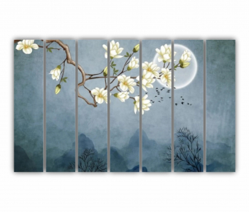 Set 7 Tablouri Multicanvas Ilustratie 3D de flori - luna - stol de pasari si munti 0687 210X120 cm 