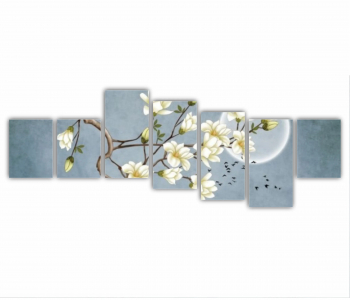 Set 7 Tablouri Multicanvas Ilustratie 3D de flori - luna - stol de pasari si munti 0687 210X80 cm 