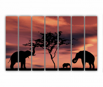 Set 7 Tablouri Multicanvas Siluete de elefant negru langa un rau 0653 210X120 cm