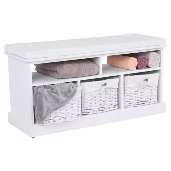 Banca cu 3 cosuri din rachita alba RAFAELLO 101x41x45 cm 