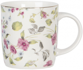 Cana din portelan alb cu decor floral roz Spring 12 cm x 9 cm x 11 h 350 ml 