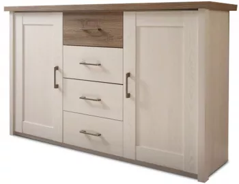 Comoda 2 usi 4 sertare mdf pin alb stejar sonoma trufa Lumera 150x42x90 cm 