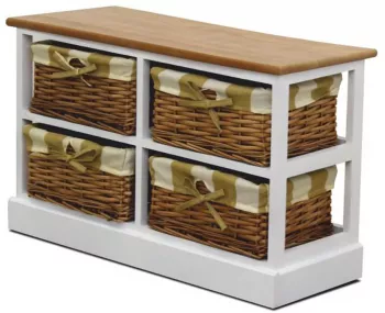 Comoda din lemn alb cu 4 cosuri rachita maro Ginger 71x28x43 cm 