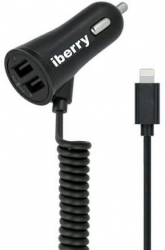 Incarcator Auto Universal 2xUSB + Cablu Compatibil cu iPhone - Iberry MiColor Negru