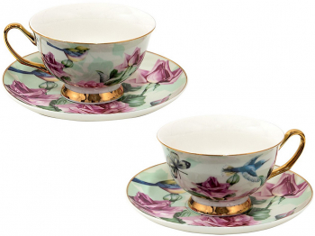 Set 2 cesti cu farfurioara din portelan Bird 12x10x6 cm Ø 15x2 cm