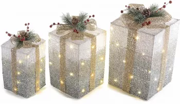Set 3 decoratiuni Craciun cu led 25x25x42 cm 20x20x37 cm 15x15x33 cm 