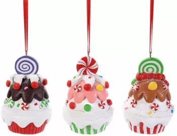 Set 3 ornamente brad din polirasina multicolora model Briose Ø 6x8 cm 
