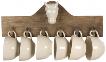 Set 6 cesti din ceramica crem cu suport de perete din lemn maro 48 cm x 9 cm x 17 h 