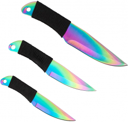 Set trei cutite de aruncat IdeallStore® Rainbow Siege otel inoxidabil 22 cm teaca inclusa 