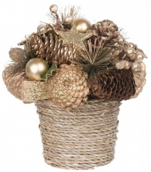 Decoratiune Craciun cos cu conuri si globuri auriu 19x19 cm 