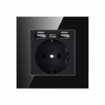 Priza Techstar® Crystal TSU1 Simpla 2 x USB 2.1 A Culoare Negru Onyx Sticla Securizata 16A 