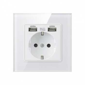 Priza Techstar® Crystal TSU1 Simpla 2 x USB 2.1A Culoare Alb Frost Sticla Securizata 16A 