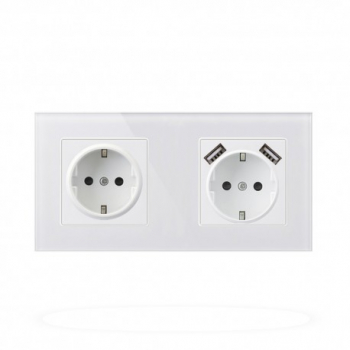 Priza Techstar® Crystal TSU2 Dubla 2 x USB 2.1 A Culoare Alb Frost Sticla Securizata 16A 