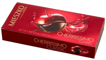 Praline Mieszko Cherrissimo Classic cu Ciocolata Neagra si Visine in Alcool Cutie Metalica 104 g 