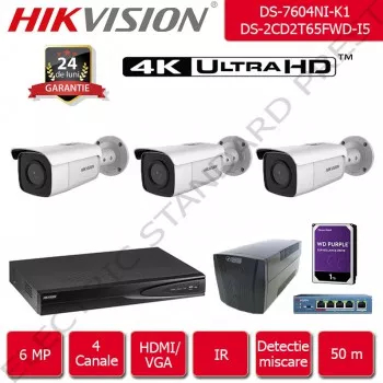 Kit supraveghere video Hikvision 50 m IR format din 1x NVR + 3x camere IP Ultra HD 6 Megapixel 1440p + accesorii incluse 