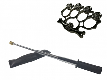 Set baston telescopic flexibil argintiu maner cauciuc 47 cm si box craniu negru 