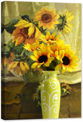Tablou luminos in intuneric GlowforHome Vaza verde cu flori de Floarea-soarelui langa pictura in ulei cu aceiasi tema 60 cm x 40 cm 