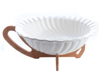 Bol de Salata pe Suport de Lemn cu Maner 26 cm Ceramica termorezistenta pentru cuptor Alb 