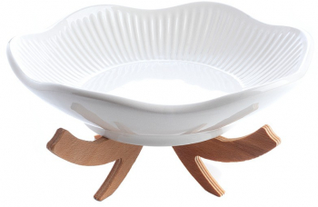 Bol salata pe suport de lemn 28 cm Ceramica termorezistent pentru cuptor Alb 