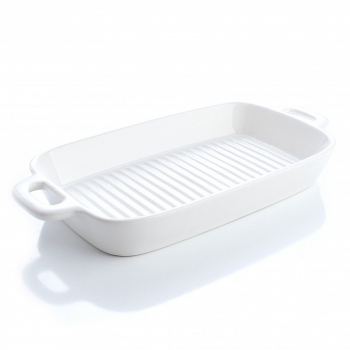 Platou servire cu manere Tip grill 26 x 15 cm Ceramica termorezistenta pentru cuptor Alb 