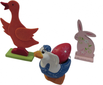 Set 3 decoratiuni pascale Ratusca cu Ou Pascal Puisor si Iepuras multicolor ceramica fetru lemn 