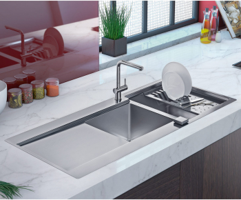 Chiuveta bucatarie inox CookingAid EVO 116 dubla cu 2 cuve + picurator si ventil automat reversibila stanga/dreapta + accesorii montaj 