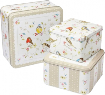 Set 3 cutii depozitare Cooksmart Dawn Chorus Cu capac Metalice Imprimeu cu pasari si flori Patrate Alb/Crem 