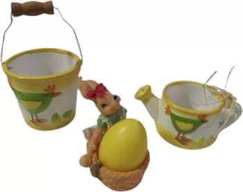 Set 3 decoratiuni pascale Iepuras cu ou galetusa si stropitoare multicolor 